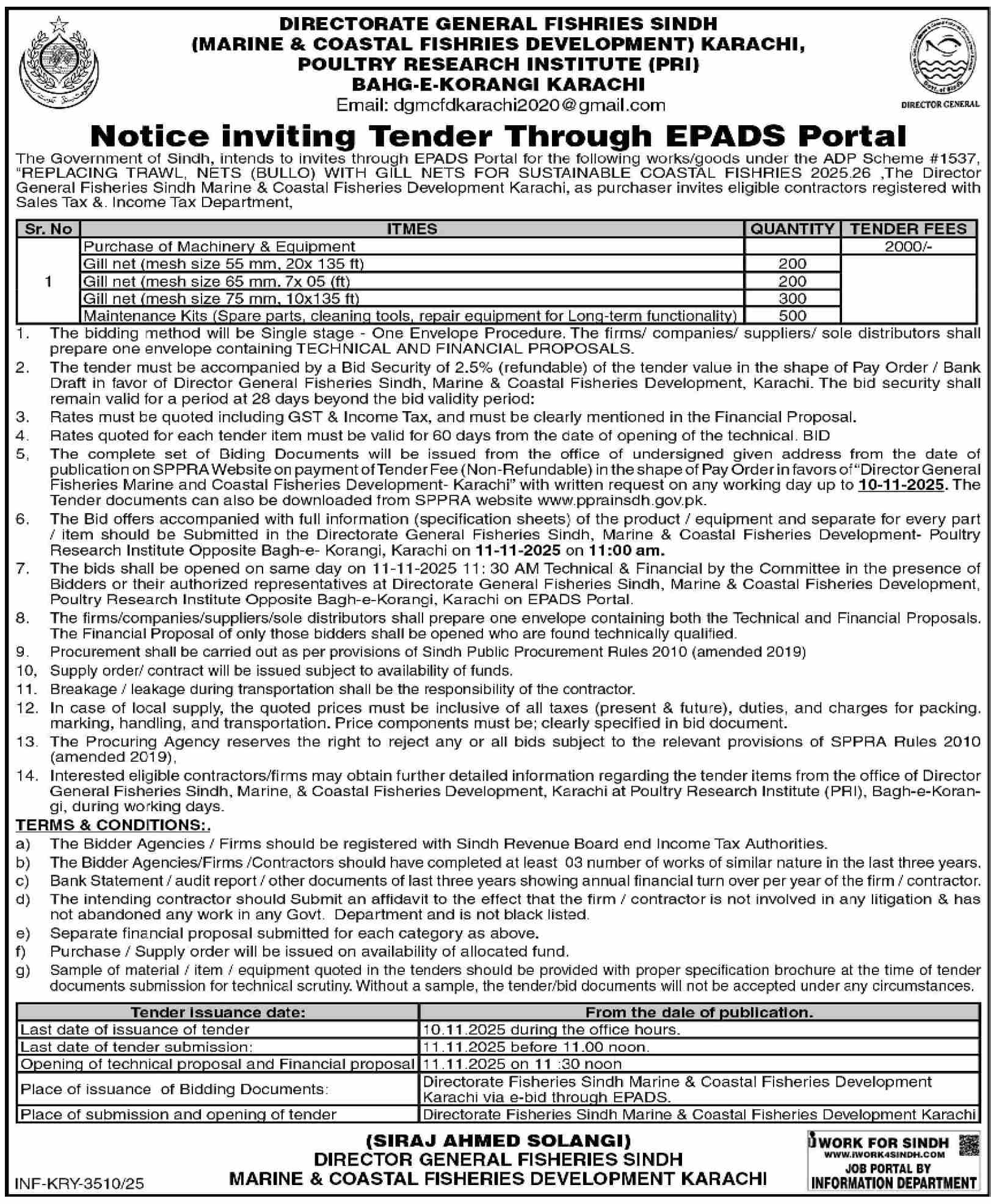 Fishries Department Karachi Tender Notice